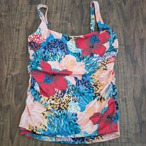Athleta 38D/DD Floral Ruched Tankini Top in Red/Pink/Blue Flowers Wired Support